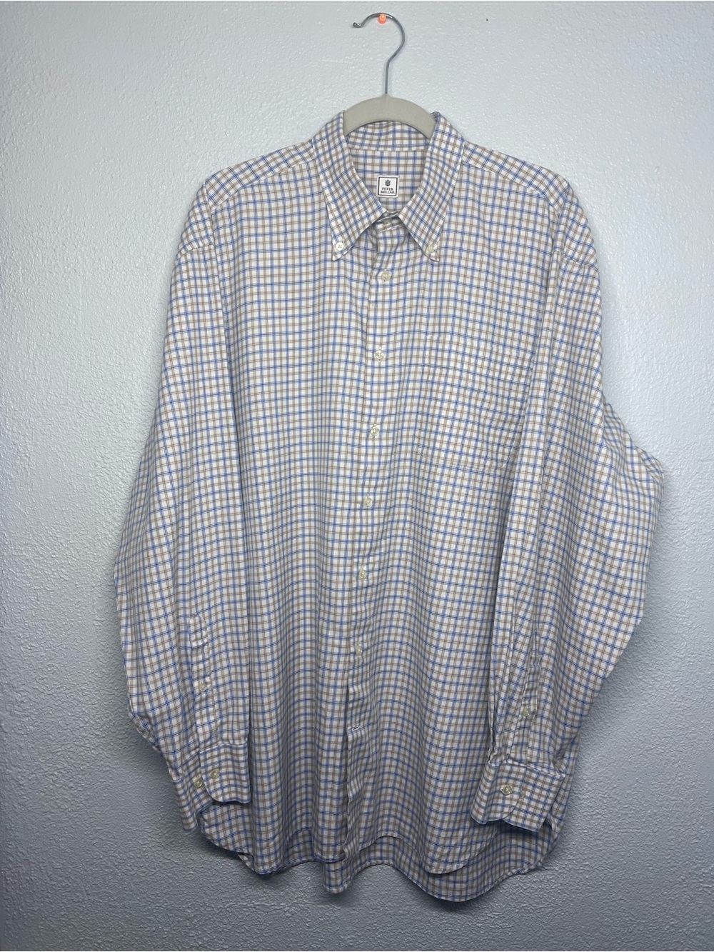 Peter Millar Plaid Summer Shirt Mens XL Blue White Beige Cotton Button Down